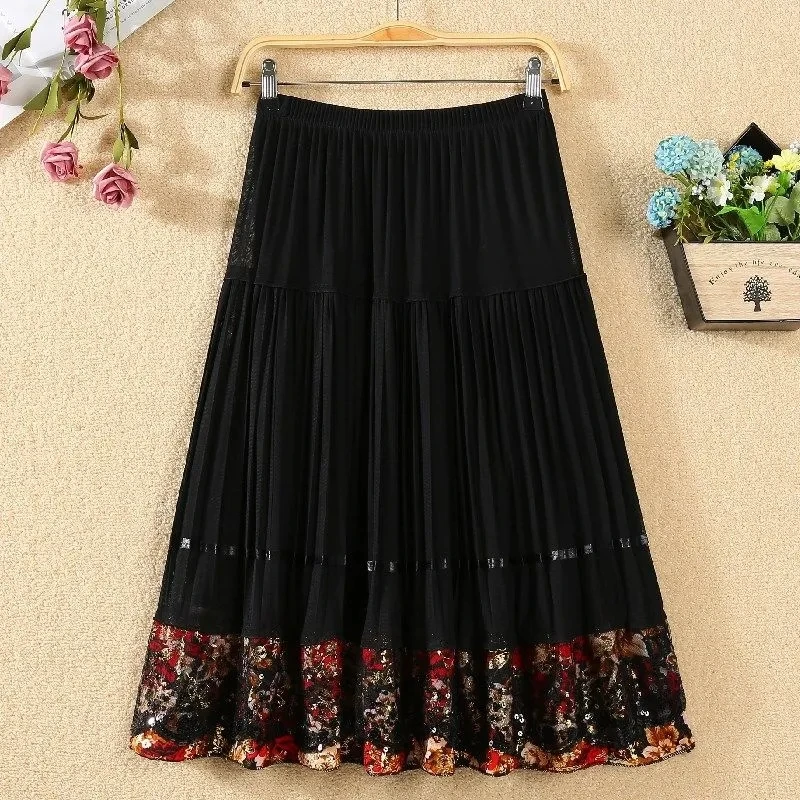 

Middle Aged Mother Black Skirts Spring Summer Elastic Waist Elegant Square Dancing Skirts Women Pleats A-Line Midi Mesh Skirts