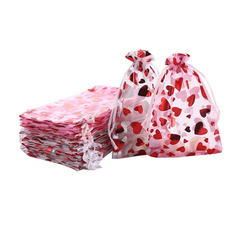 

100pcs/lot 8*10cm 10*12cm 10*15cm 13*18cm Red Love Heart Organza Drawstring Pouch Christmas Candy Wedding Packaging Gift Bags