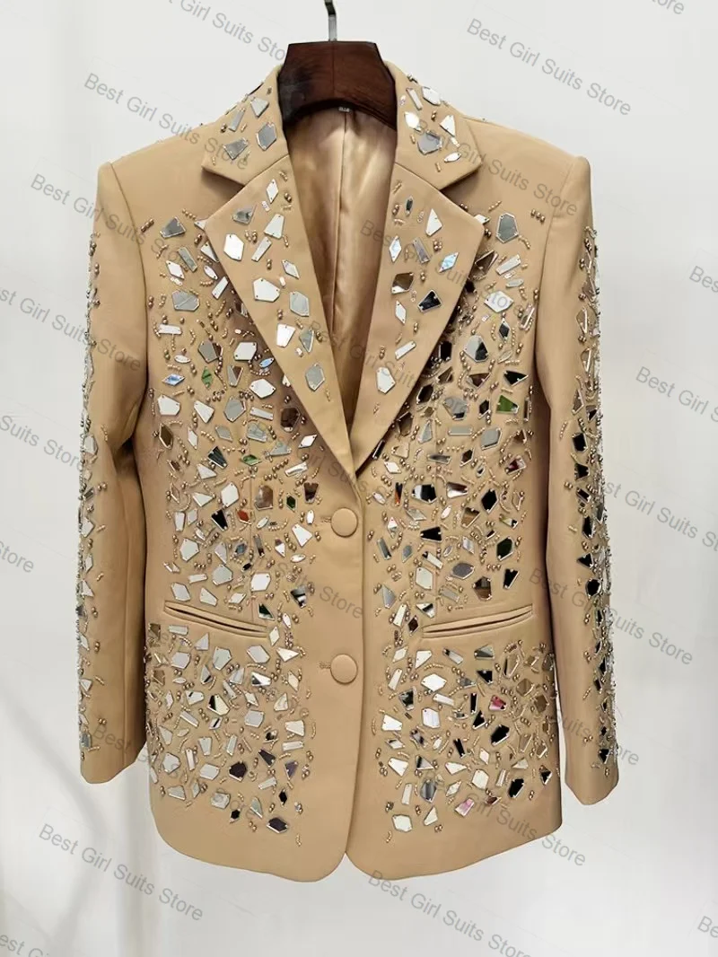 

Champagne Women Suit Set 2 Pcs Crystals Blazer+Short Pants Formal Office Business Jacket Customized Wedding Guest Prom Coat