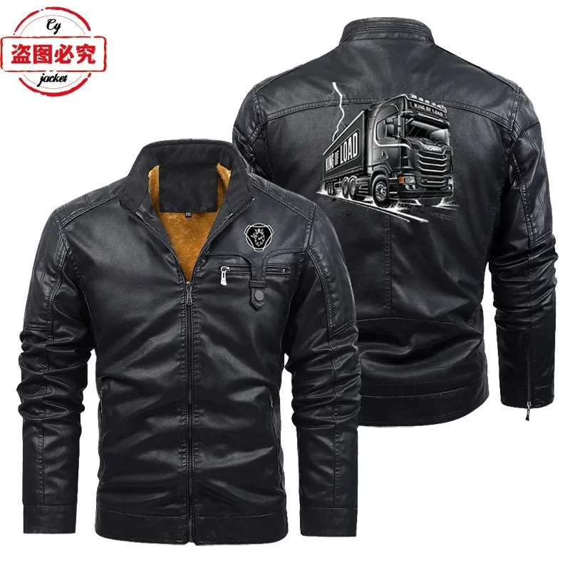 

Heavy Truck Logo Retro Washed PU Leather Jacket Windproof and Plush Warm Scania Men's Solid Color Jacket Team Work Clothes