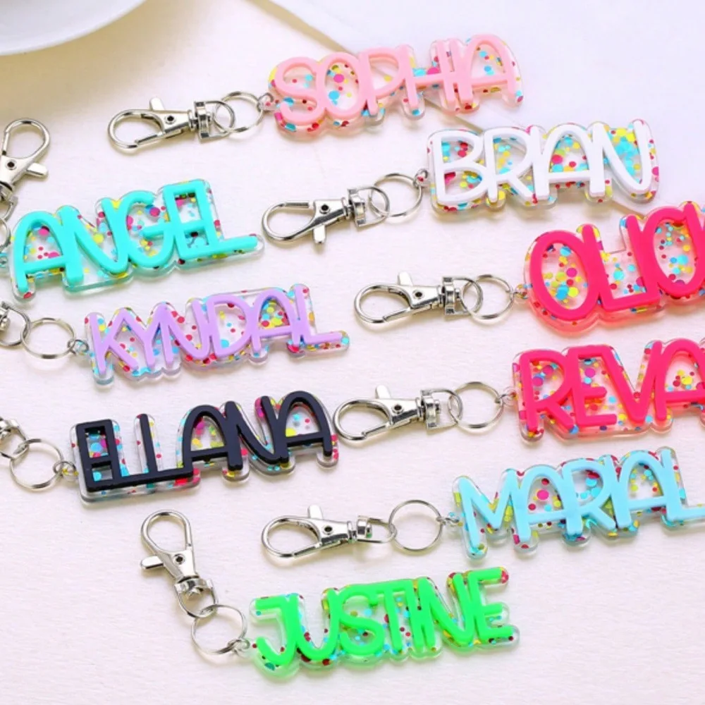 2025 1pc Custom Glitter Acrylic Keychain Colorful Dots with Name Tag Backpack Luggage Keychain Pendant Gift