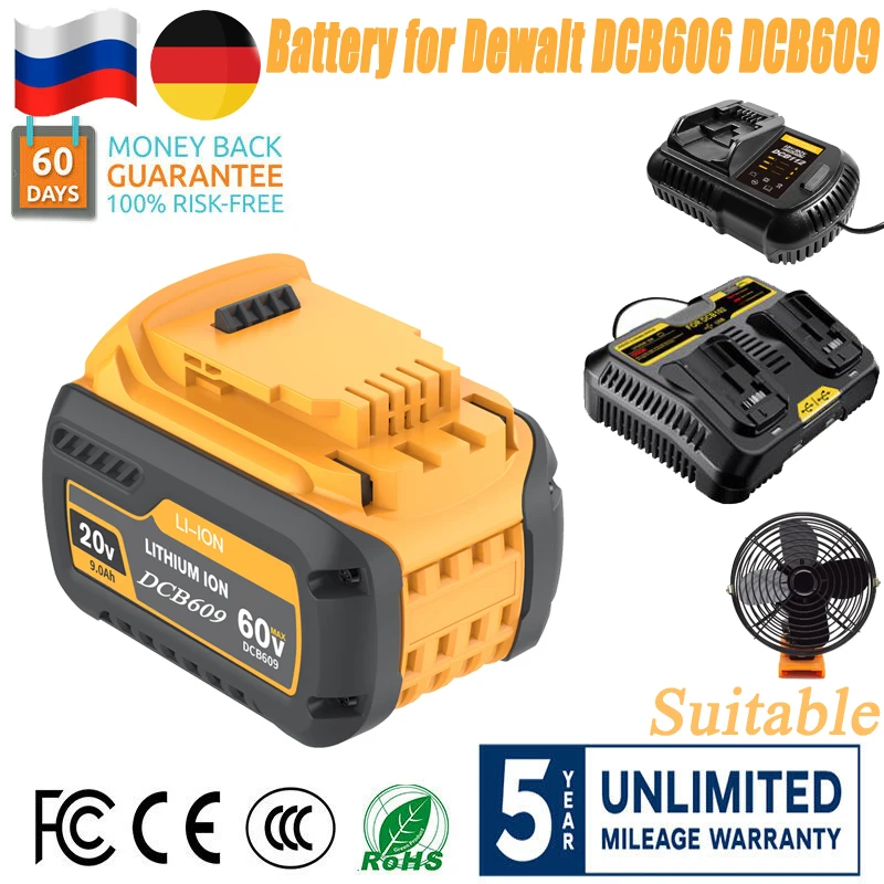 9000mAh 20V 60V MAX Replacement Battery for Dewalt 120V DCB606 DCB609 DCB205 DCB204 DCB206 DCB209 Power Tools