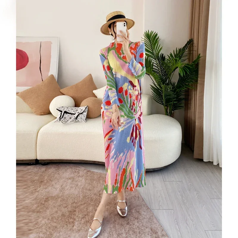 Spring/Autumn New Arrival Fashion Miyake Pleated Print Colorful Dress Dress Skirt Large Size Long Skirt Women's 2024 New