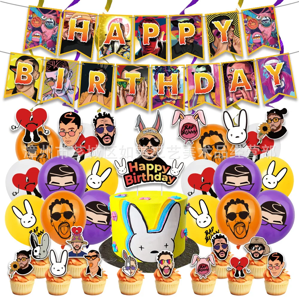 Bad Bunny Music Star Roguish Knavish Rabbit DJ Disco Themed Birthday Party Supplie Decoration Banner Cake Copper Balloon for Kid