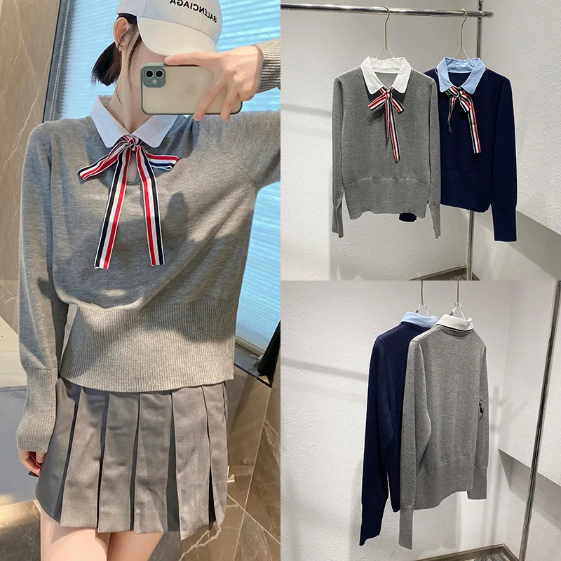 

High-End Wool Version Bow Knot irt Collar Knitted Sweater Fake Two-Piece Long Sve Regular-Length Overhead Top