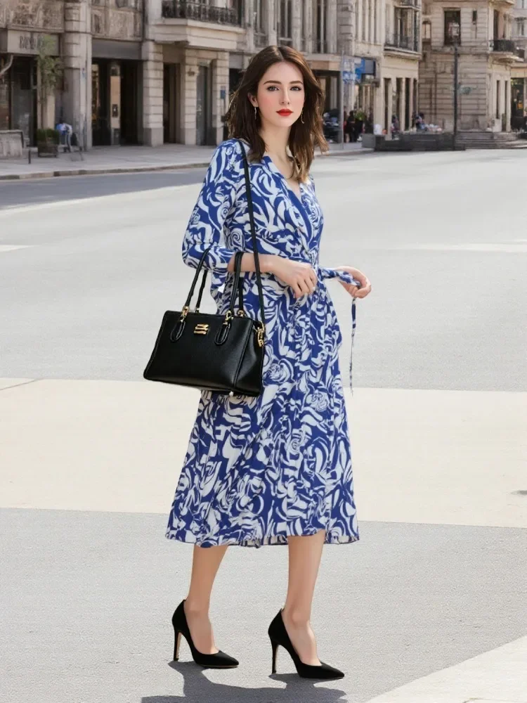 Abito lungo stampato moda autunnale Abito elegante in vita aderente con spalline Abito casual con scollo a V a maniche lunghe Abbigliamento da donna da ufficio