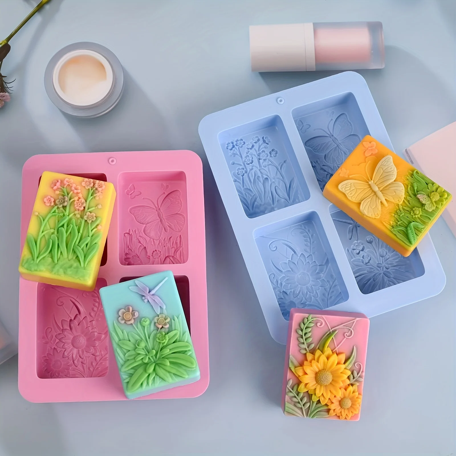 2-piece butterfly flower plant-textured soap mold, 3D rectangular insect flower mold, DIY handmade soap, bath ball, candle - Image 3