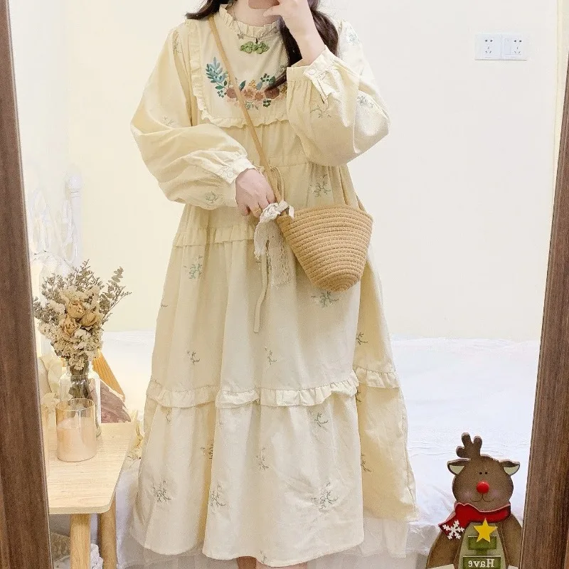 Mori Girl Vintage Embroidery Long-sleeved Spring Dress Japanese Sweet Cute Loose Ruffled Drawstring Beige Long Dresses for Women