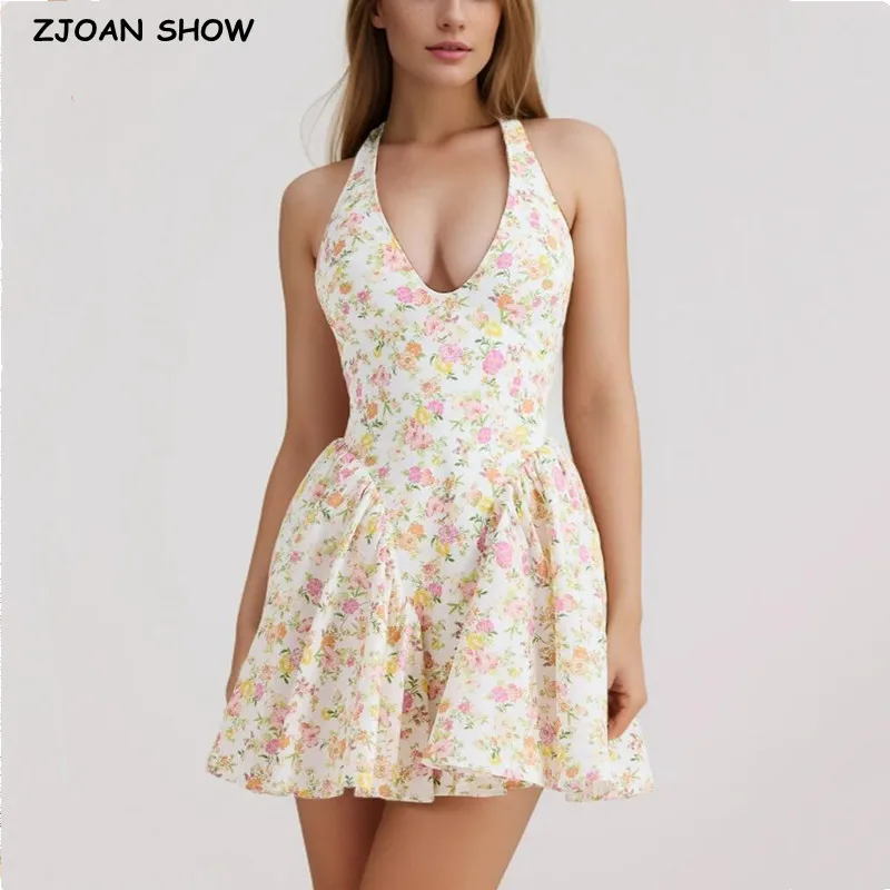 2024 Sexy Apricot Flower Print Bow Halter V Collar Sling Mini Dress Women Low Waist A-Line Pleated Swing Backless Party Robe