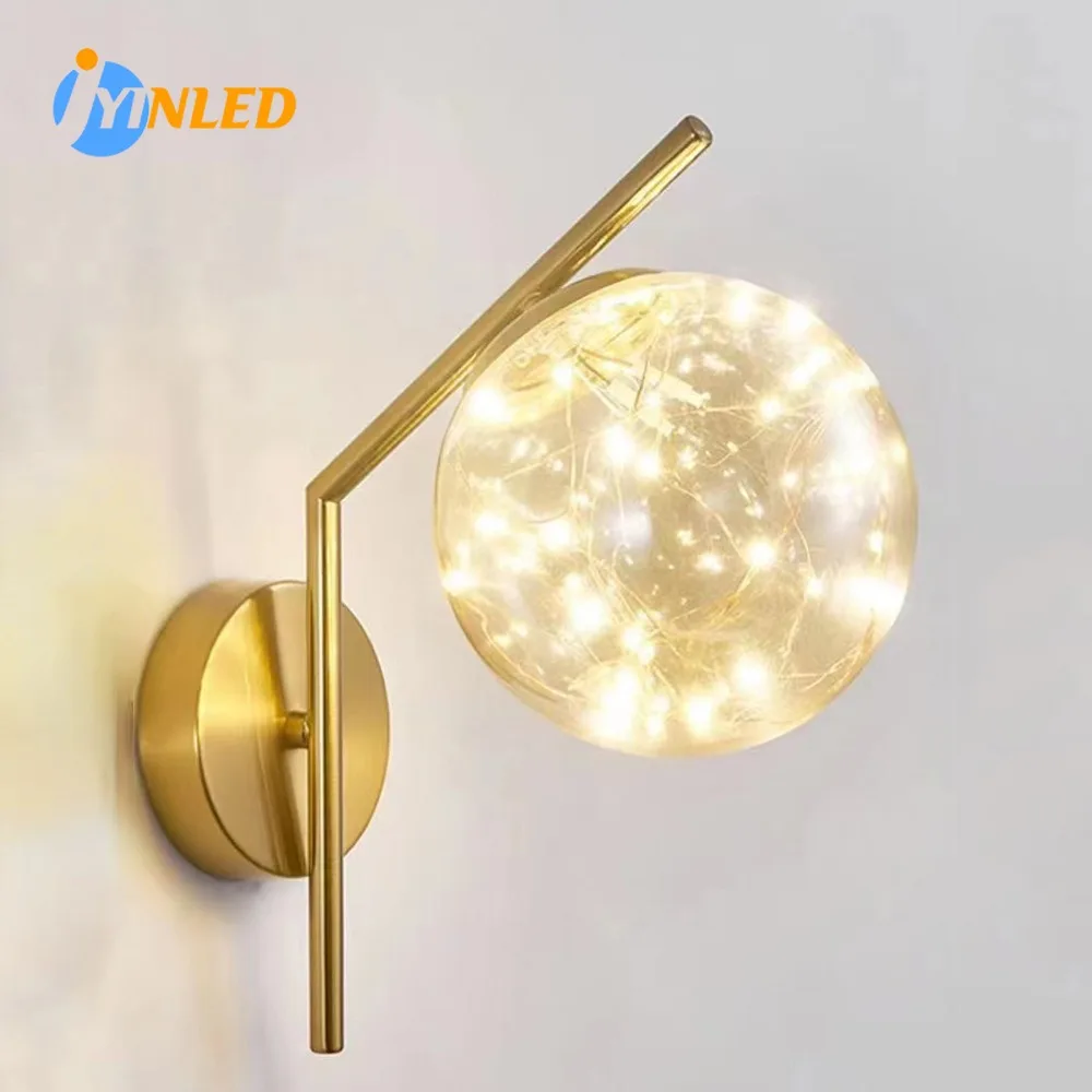 Copper Glass Ball Wall Lights Living Room Bedroom Simple Bedside Lamp Aisle TV Background Wall Lamp Bedroom Light