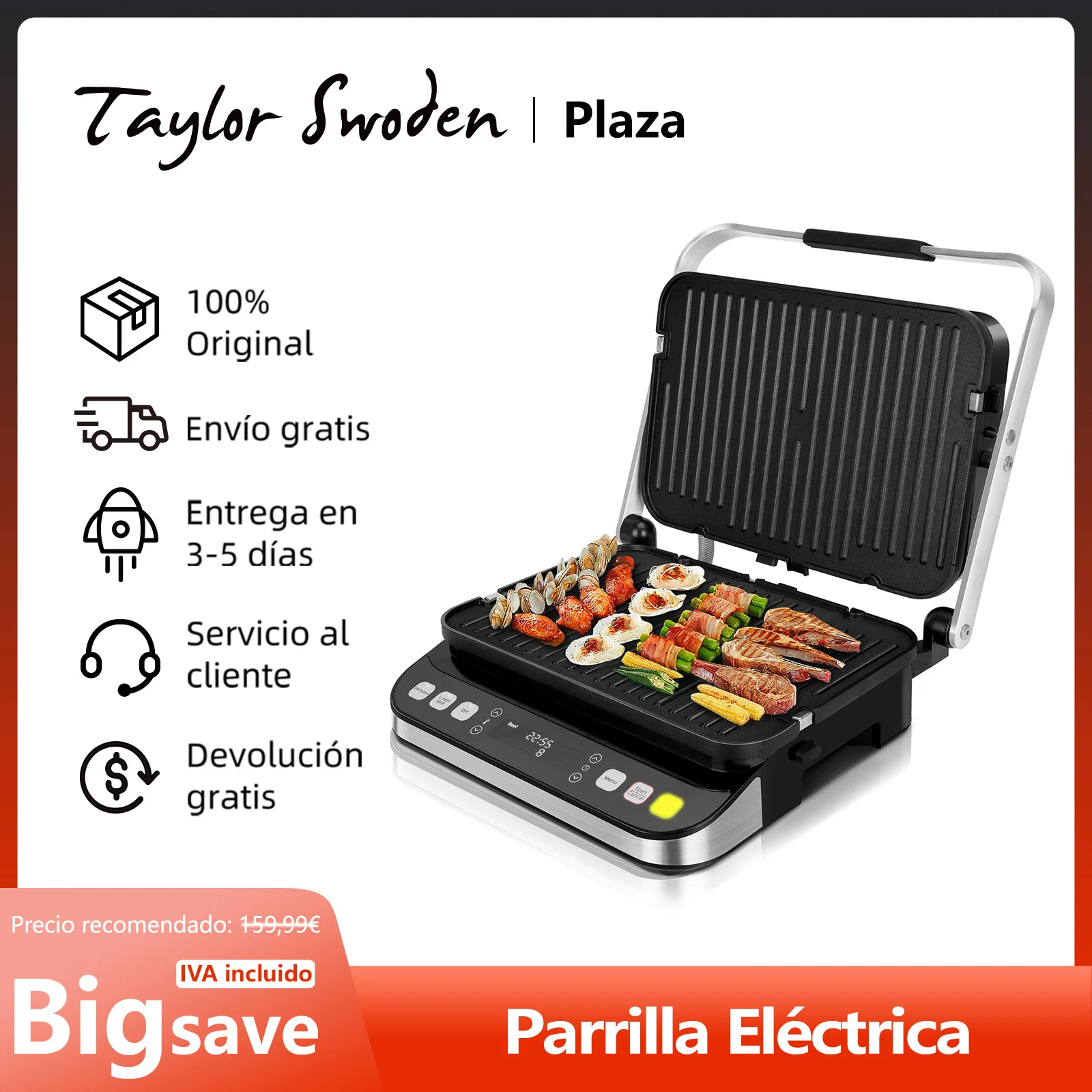 Taylor Swoden Aroma 3-in-1 electric Grill, 2000W, Grill, sandwich iron, Panini Press, precise temperature adjustment, 180 ° opening cooking, defrost and non-stick function