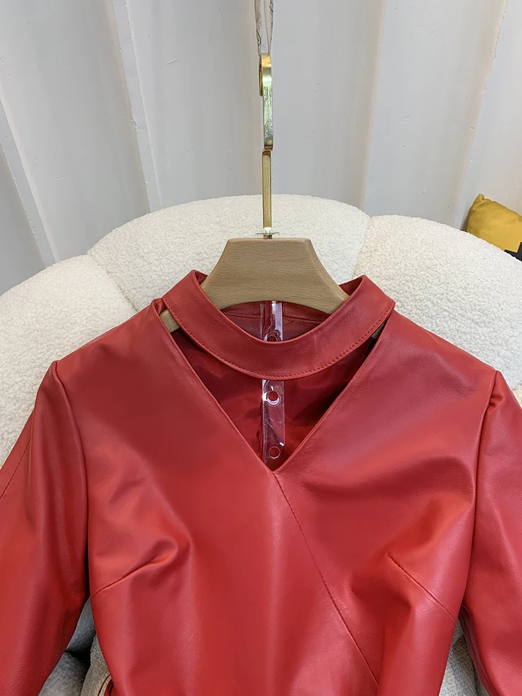 Chaqueta de cuero auténtico para mujer, Tops de piel de oveja auténtica, jersey con cinturón de cintura, abrigo de cuero rojo con mangas acampanadas, novedad de primavera 2024