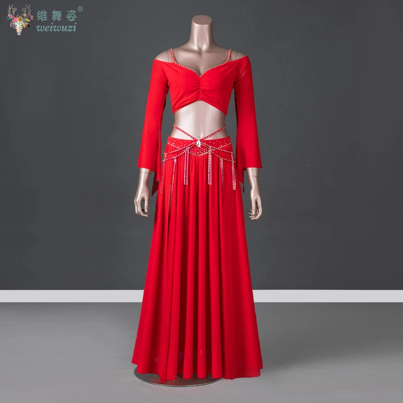 

Костюм для танца живота для женщин, сетчатый костюм с длинными рукавами + длинная юбка с разрезом, 2 предмета, профессиональная одежда для соревнований по восточному животе