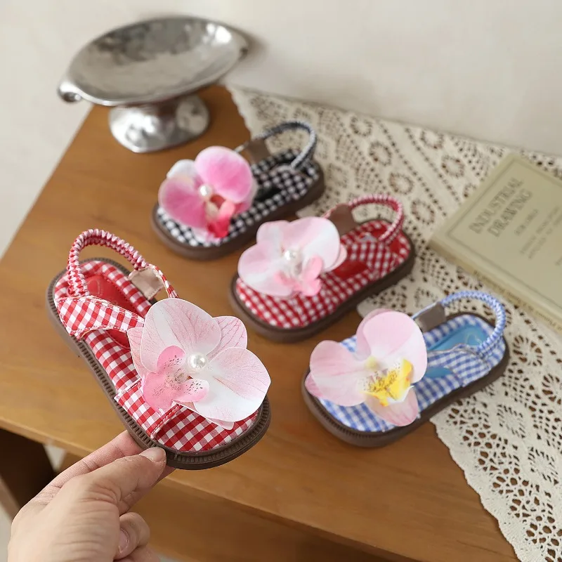 Mumoresip New Girls Plaid Flat Sandals Summer Floral Decor Children Princess Shoes Open-toe Outdoor Non-slip Kids Dress Sandals