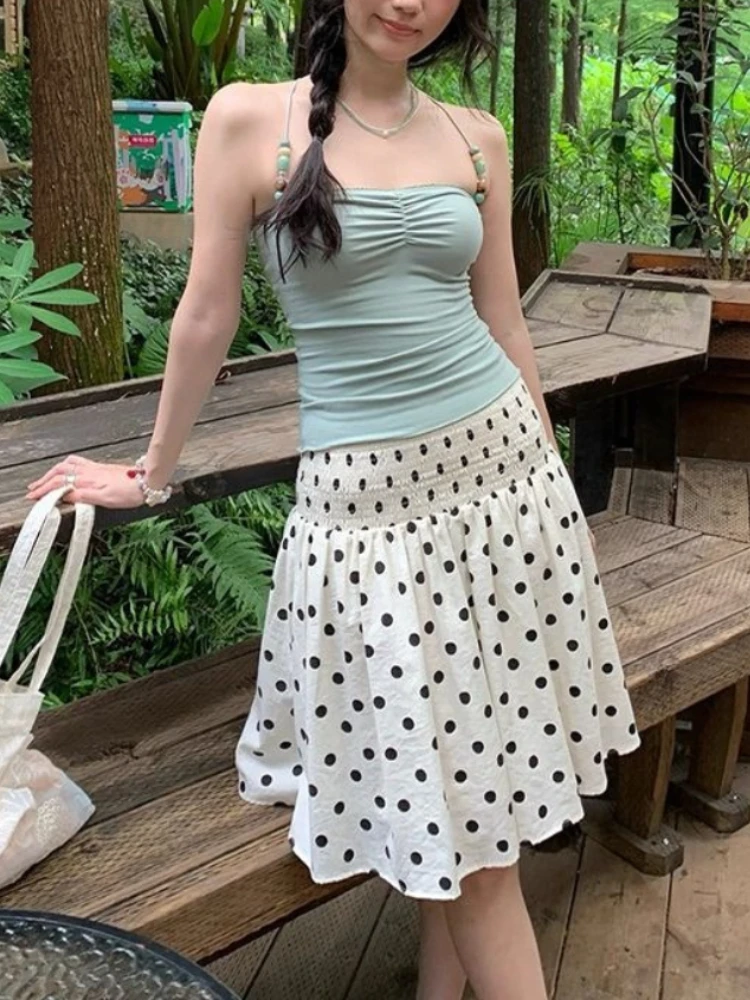 Deeptown Korean Style Polka Dot Skirts Women Sweet Elegant Y2k Ruffle Skirts Vintage Summer Femal A-line Mid Skirts Aesthetics