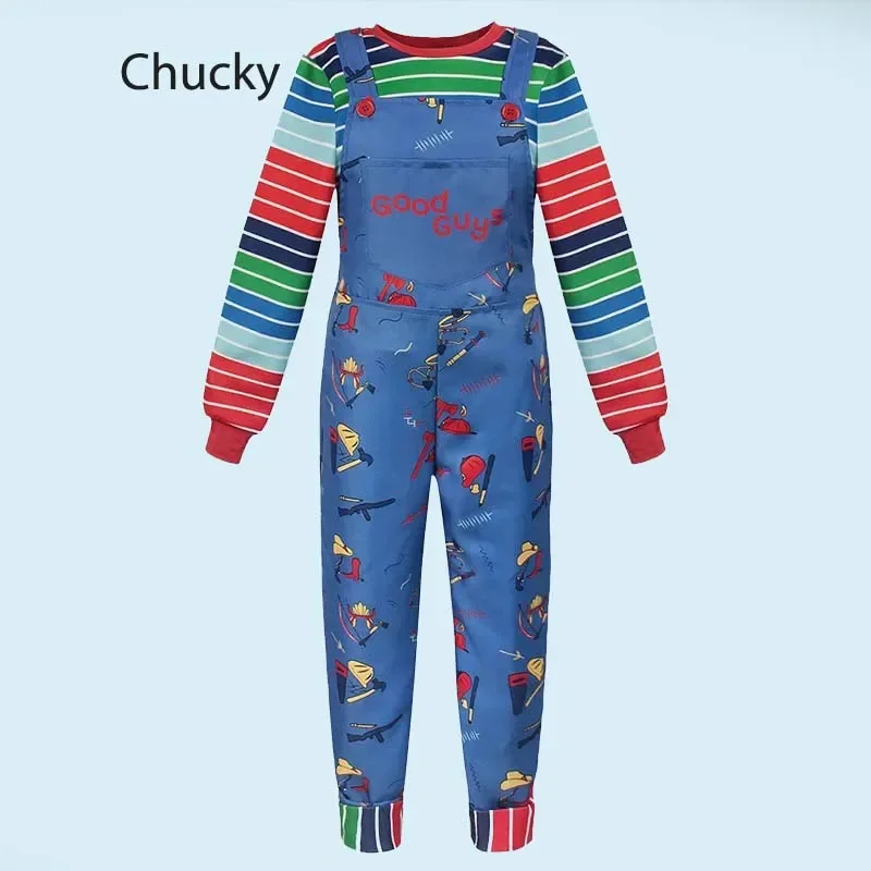 Halloween Costume Child’s Play Chucky Blue Cartoon Jumpsuit Overalls with Striped Shirt for Kids Adult Chucky Cosplay Costume