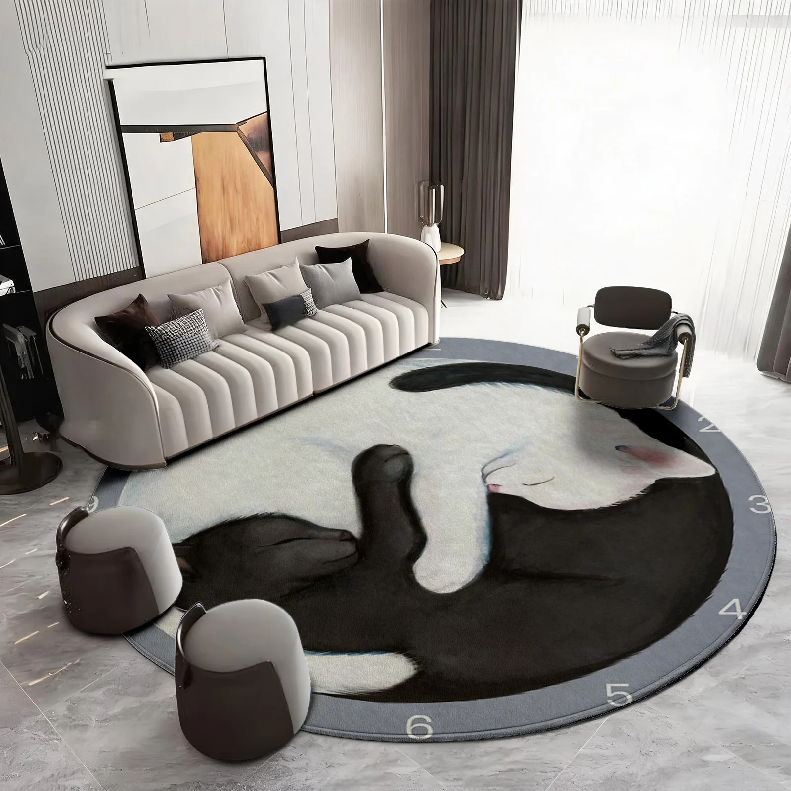 Oversized Round Abstract Dog Illustration Area Rug Mat for Living Room Decor Modern Pet Napping Design Artistic Stylish Carpet A