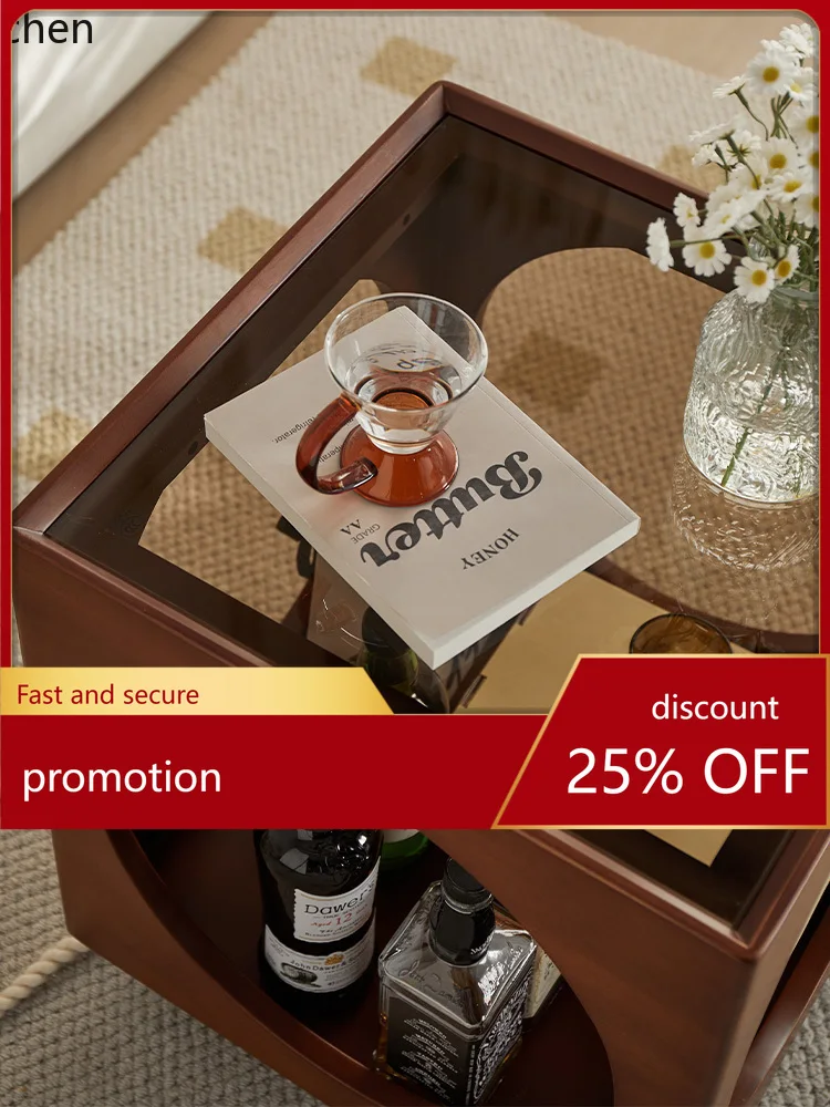

HXL Retro Solid Wood Side Table for Living Room, Simple Sofa Corner Table, Movable Glass Coffee Table