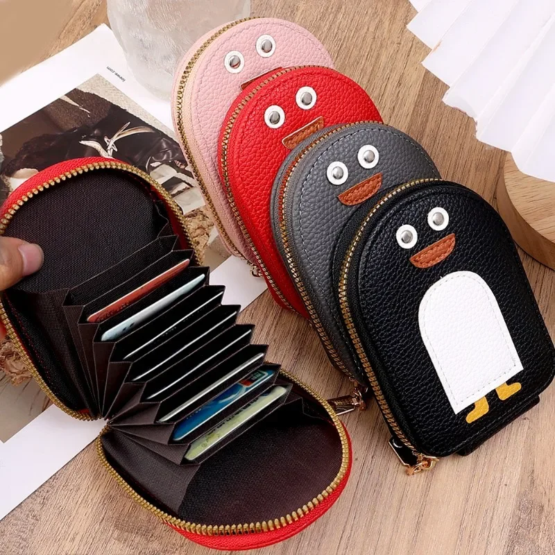 Cartoon Penguin PU Leather Wallet for Women Handheld Credit Card Bag Key Case Portable Zipper Coin Purse Lady's Name Card Holder