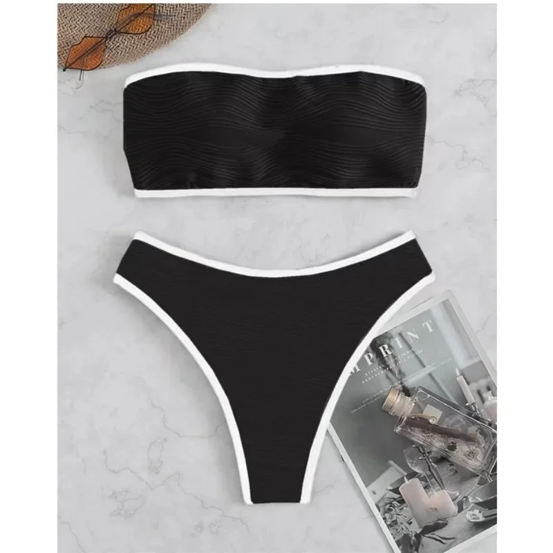 

Contrast Binding Bandeau Two-Piece Suits 2024 Women Sexy Thong Swimsuit Swimwear Female Bathing Suit Swimming Summer Beachwear