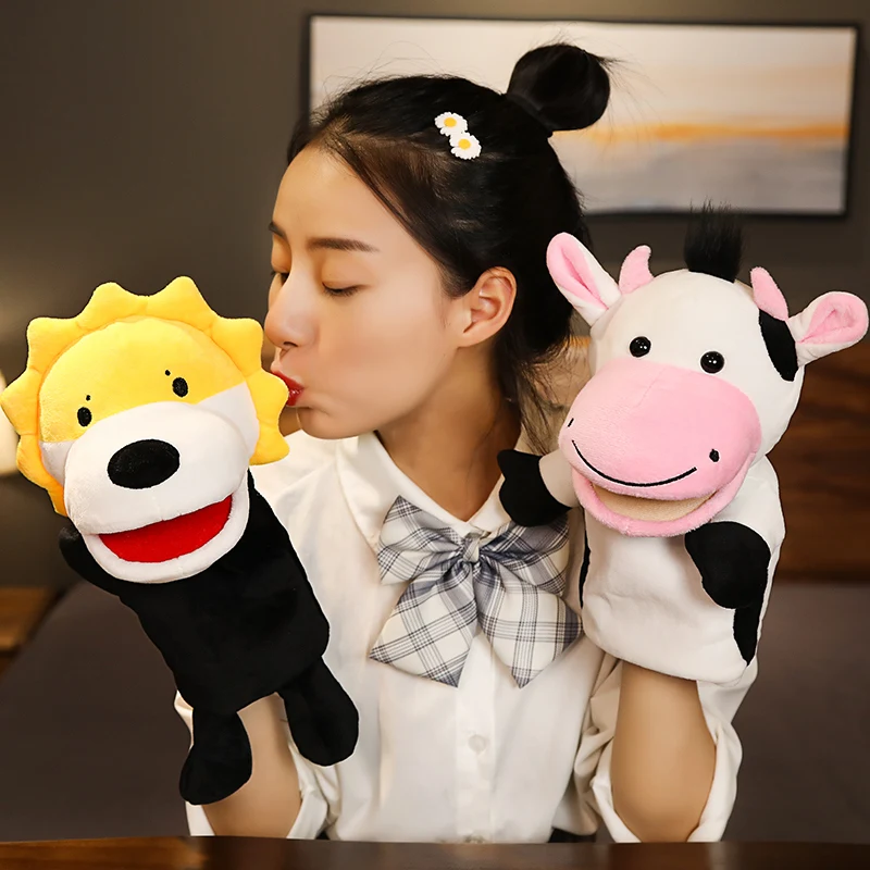 25cm Cute Cow Lion Family Plush Hand Puppet Role Play Educational Toys Stuffed Hand Puppet Children Storytelling Props