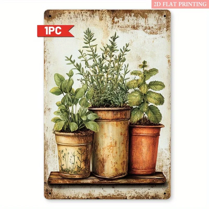 Vintage Metall-Wandkunst mit botanischen Kräutern – Rustikales Blechschild mit Topfpflanzen für Küche, Balkon oder Veranda, 8x12 Zoll, Bauernhaus-Dekor