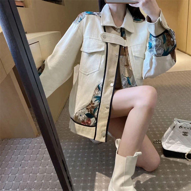 2023 neue lose Frauen Vintage bestickte Jeans jacke Strickjacke weibliche Frühling Herbst Marke High-End-Design Sinn Baseball jacke