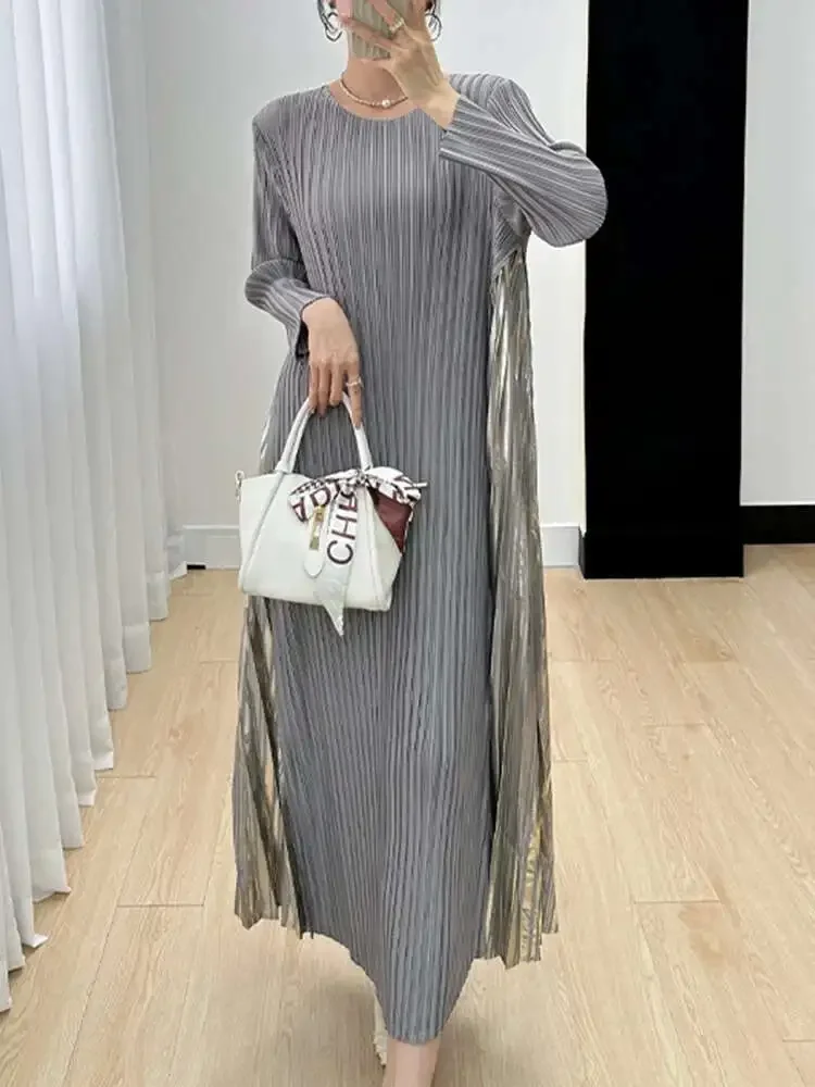

Miyake Summer New 2025 Fashion Pleated Dresses Women Round Neck Full Sleeve Midi A-Line Loose Evening Party Patchwork Clothing
