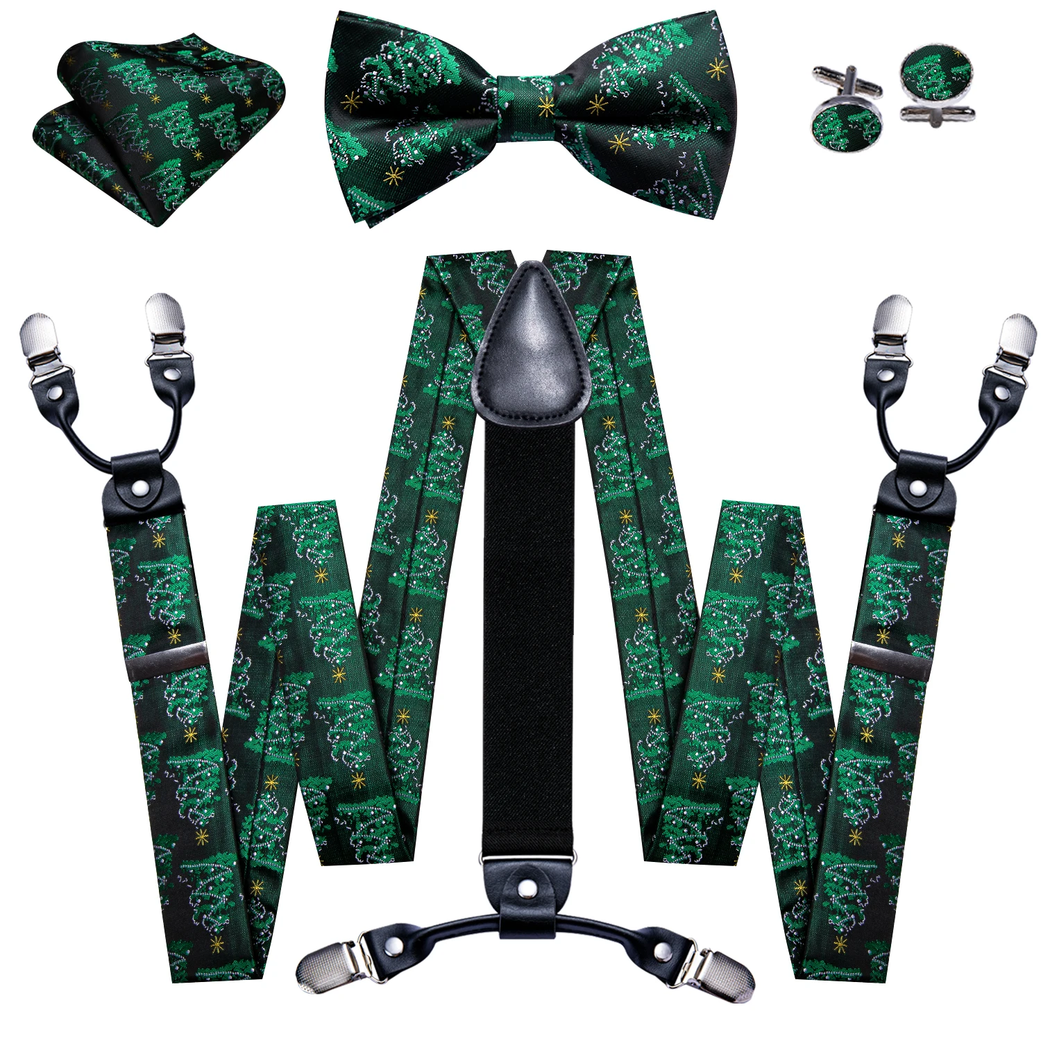 Fashion Green Christmas Silk Suspenders And Bowtie Handkerchief Cufflinks Sets Fashion Adjustable Gifts Party Barry.Wang 2060