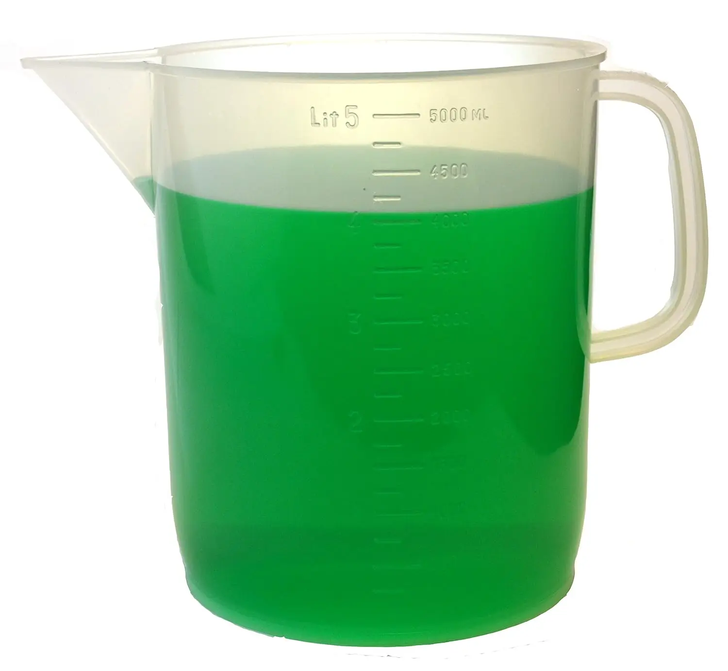 Jarra Medidora de 5000 ml (5 Litros) - Graduaciones Moldeadas en Plástico Polipropileno de Formato Corto, Resistente a Químicos, Autoclavable