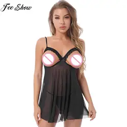 Women Sexy Exposed Chest Lingerie Dress See-through Mesh Lace Trim Open Cup Babydolls Chemises with G-string Underwear Nightwear