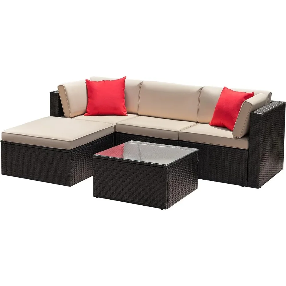 Outdoor Sofa Set with Thick Cushions & Tempered Glass Table, 5 Piece Patio Furniture Set, Wicker Outdoor Sectional Sofa