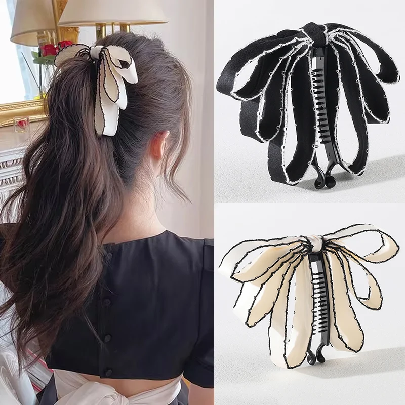 Korean Style Bow Banana Clip for Women Fashion Ribbon Headwear Ponytail Vertical Clip Girls Back Head Hairpin Hair Accessories