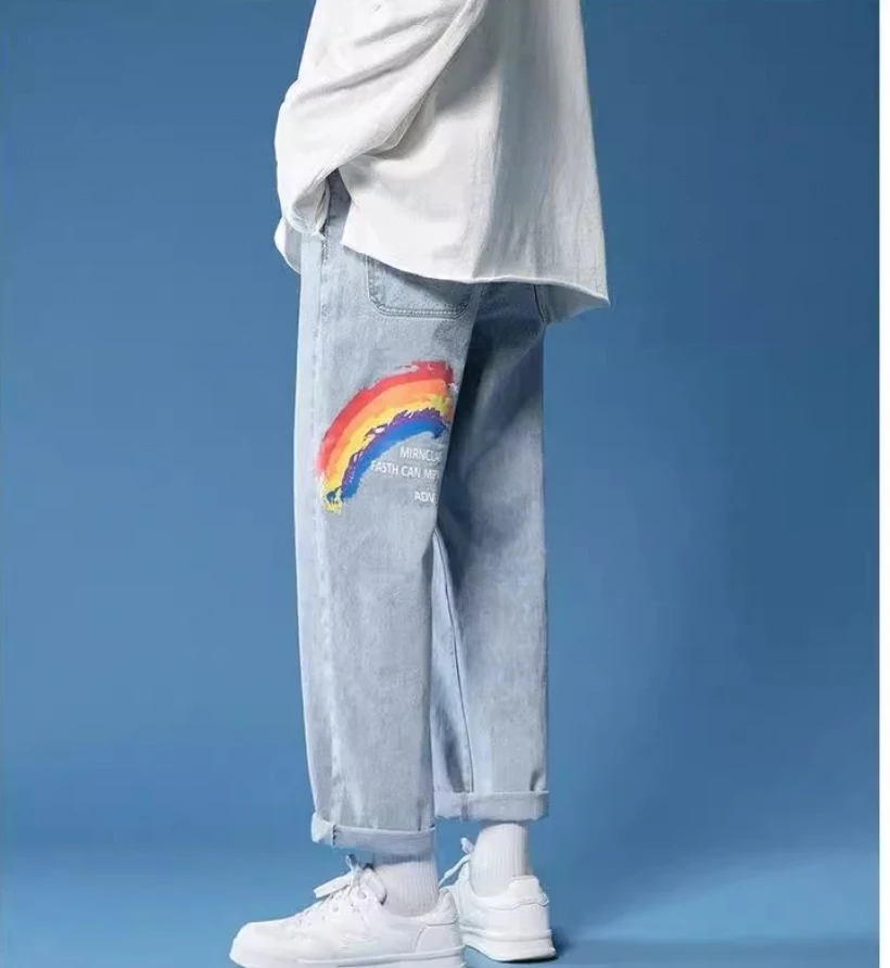 Men's fall fashion brand loose casual wide leg pants large size design sense rainbow straight leg jeans