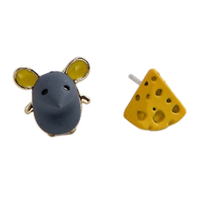 Q0KE Asymmetry Mouse and Cheese Earrings Exquisite Craftsmanship Cartoon Ear Clips Earrings Delicate Mouse Earrings