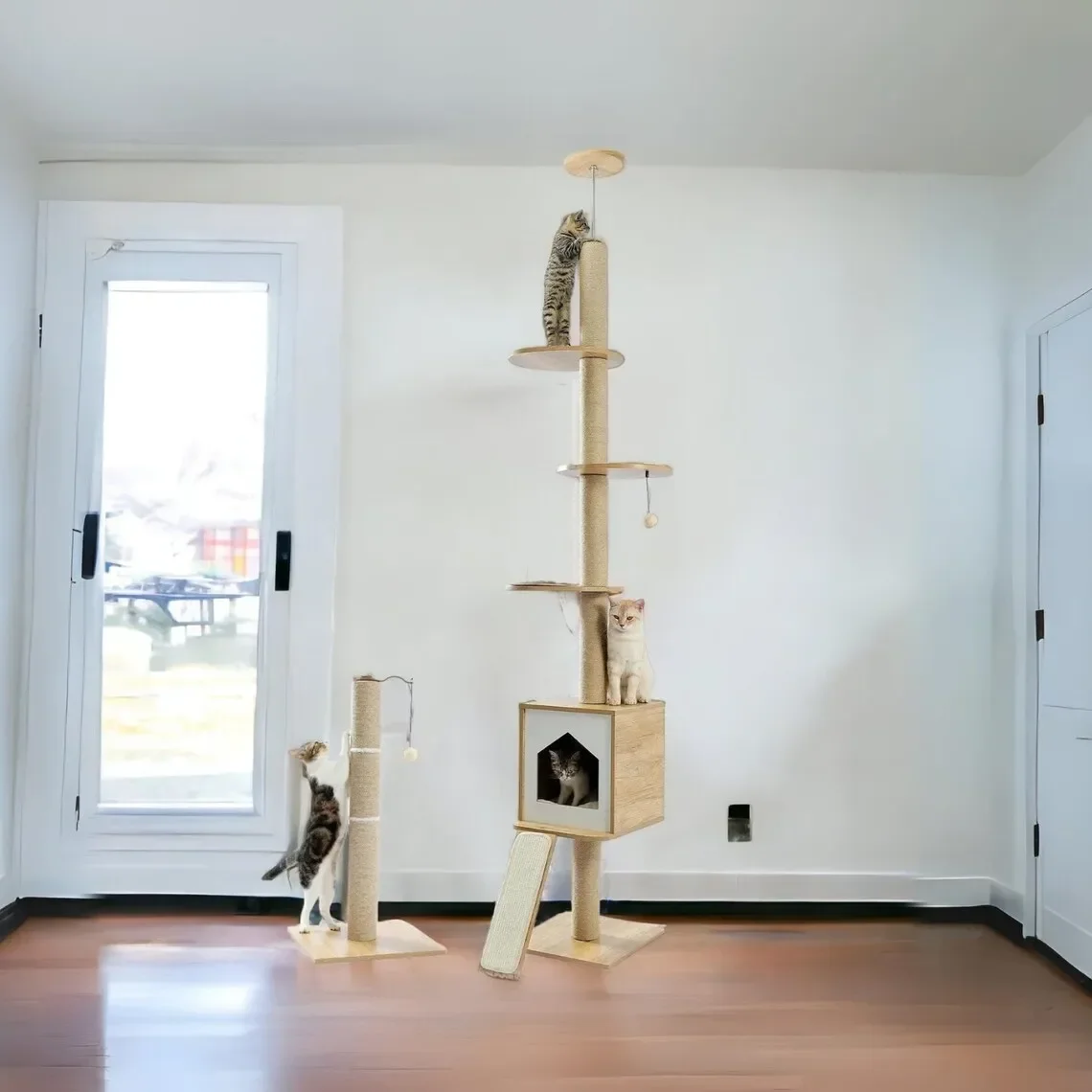 Wooden Cat Tree Tower With Scratcher, Adjustable Floor To Ceiling Cat Tower Condo With Sisal Scratching Post