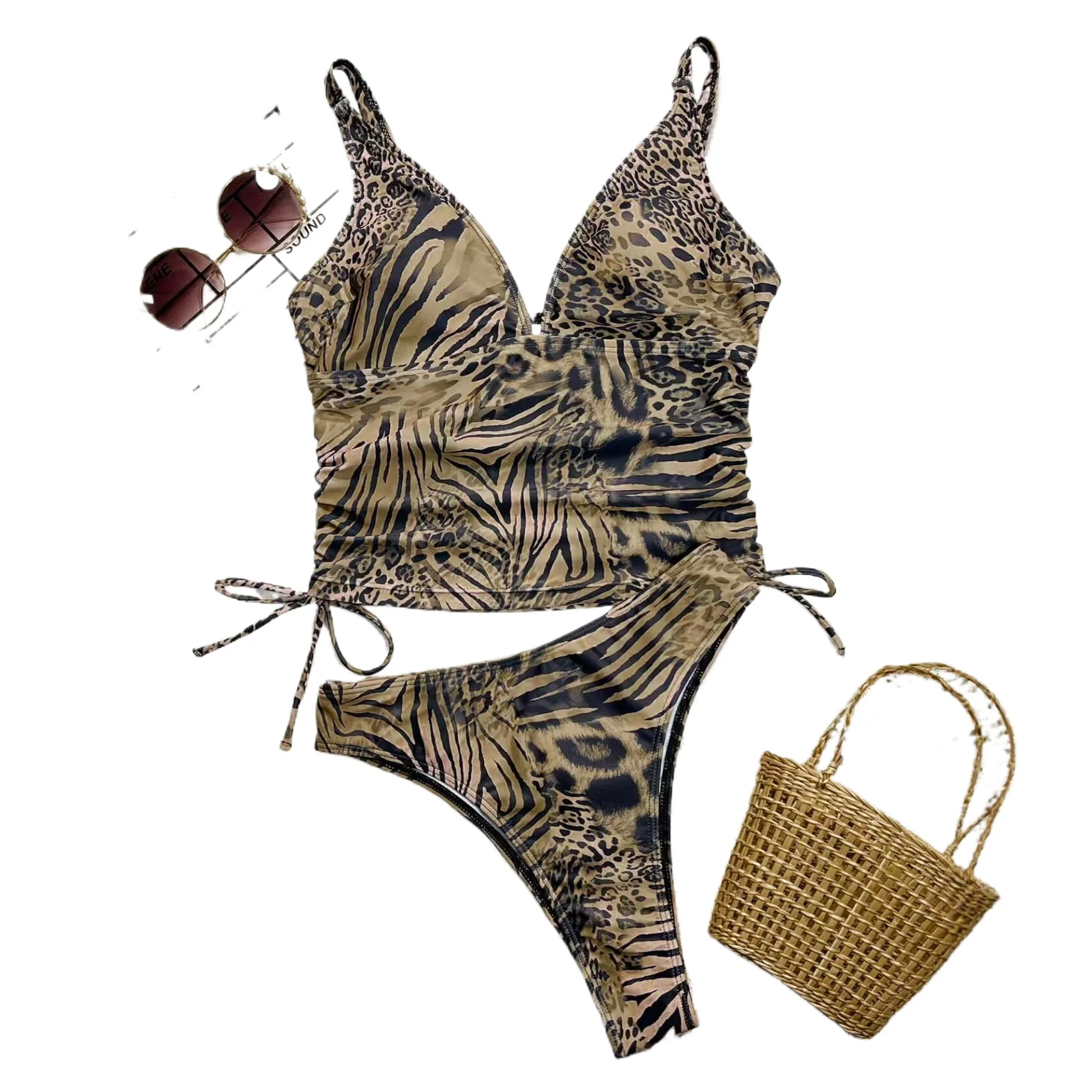 Brown Leopard Print One Piece Swimsuit Sexy Deep V Neck Backless Cut Out Monokini 2026  Beach Swimwear for Women