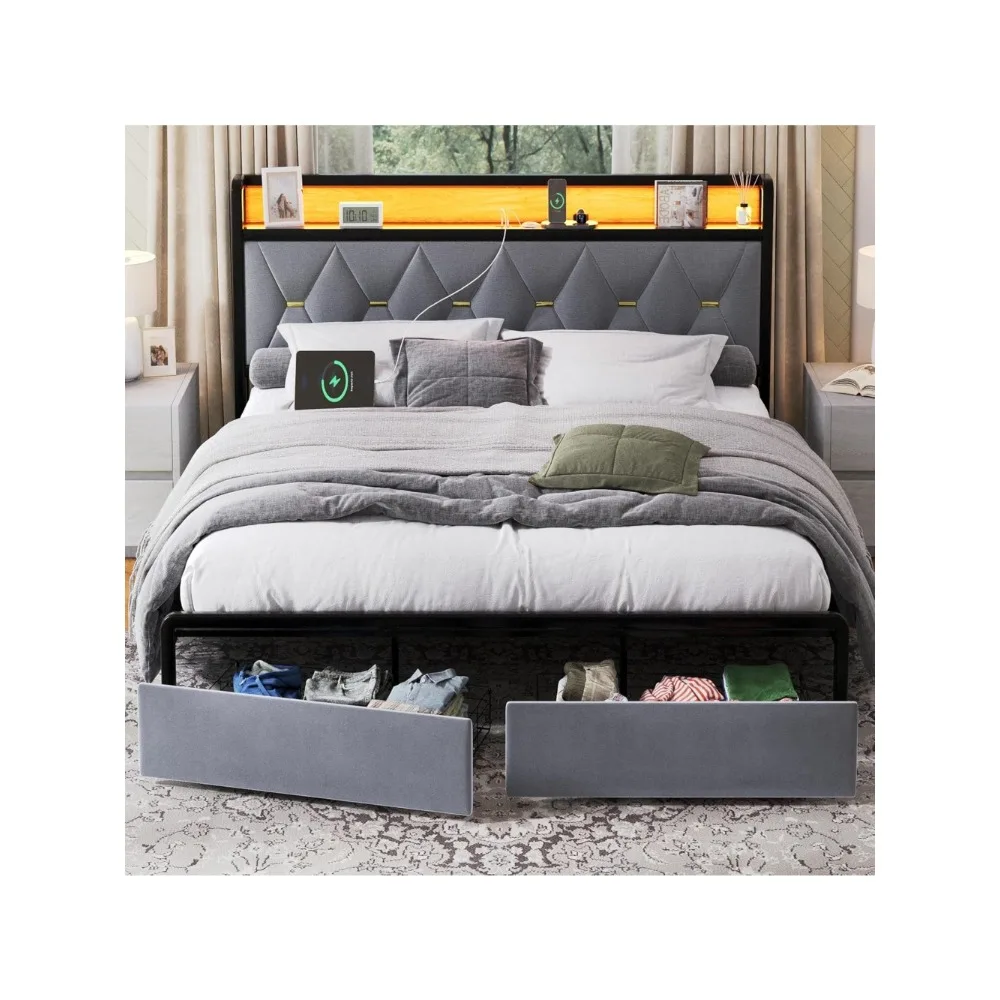 Estructura de cama con cabecero y cajones de almacenamiento, estructura de cama tapizada con plataforma gris con puerto de carga tipo C,