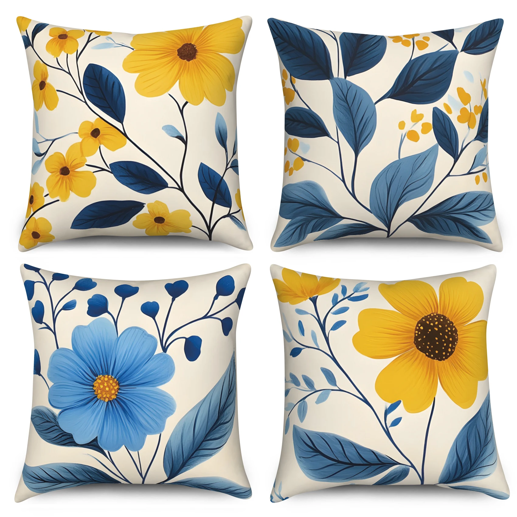 Boho Floral Throw Pillow Covers Yellow Blue Botanical Cushion Cases Modern Farmhouse Decorative Pillowcase for Home Decoration