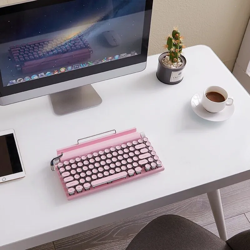 Retro Sakura Pink Typewriter Bluetooth Keyboard  Steam Punk Dot Green Switches White Backlight Wireless Mechanical Keyboard