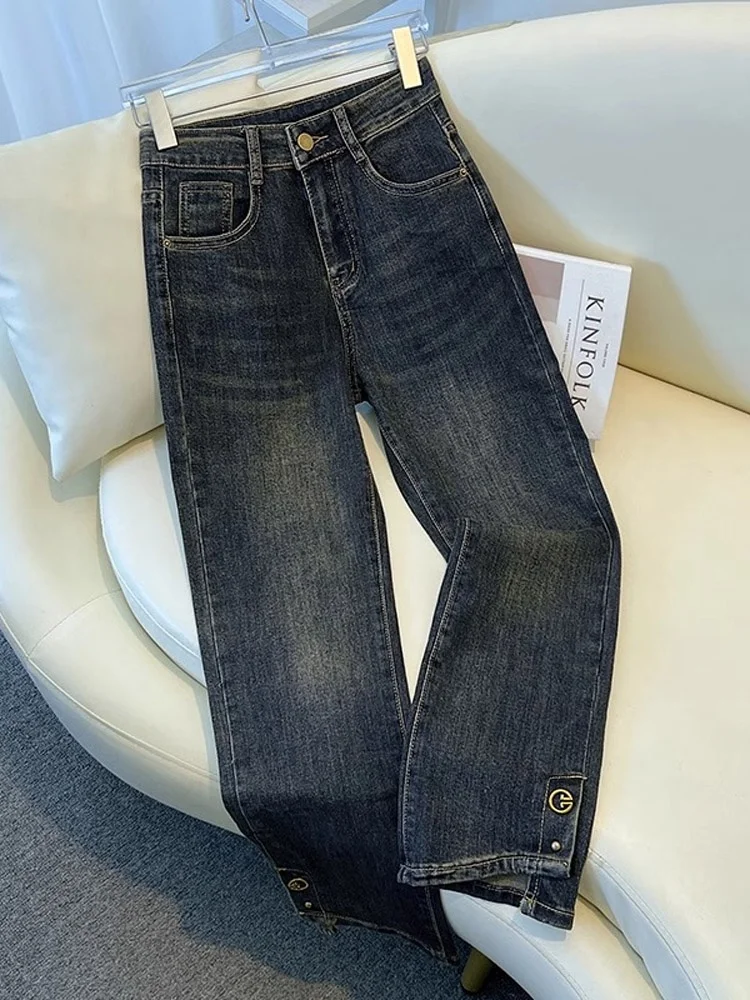 Damskie jeansy z wysokim stanem, dopasowane, z prostymi nogawkami, nowe na wiosnę i lato, w kolorze cementowym, spodnie typu cigarette z rozcięciem, długość 7/8.