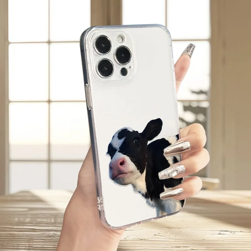 Funda de teléfono con diseño de vaca adecuada para iPhone 17 16 15 14 13 12 11 Pro/Max/Plus, funda trasera transparente anticaída y a prueba de golpes