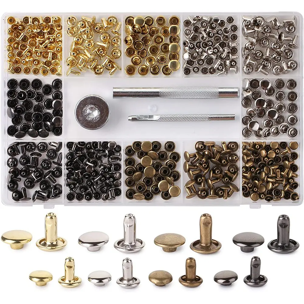 Leather Rivets Kit, 4 Colors,2 Sizes, 240 Pcs,Tubular Metal Studs with Fixing Tools,Double Cap Rivets,Rivets for Leather