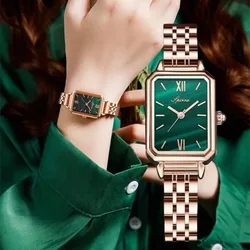 Reloj de cuarzo con esfera verde para mujer, conjunto de pulsera de lujo, relojes sencillos de malla de oro rosa