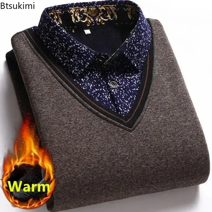 2025 neue männer Dicker Warme Pullover Mode Gefälschte Zwei Polo Kragen Gestrickte Pullover Herbst Winter Männer Business Casual Pullover tops