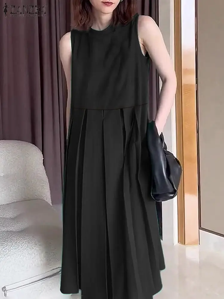 Feminino sólido tanque vestido moda zanzea sem mangas plissado vestido de verão férias verão 2025 em torno do pescoço robe casual solto vestido de bolso