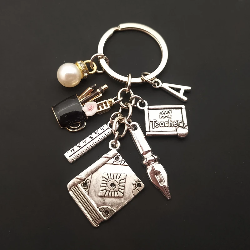 Pen ruler book keychain enamel pen holder keychain with notebook keychain teacher scholar A-Z letter gift jewelry