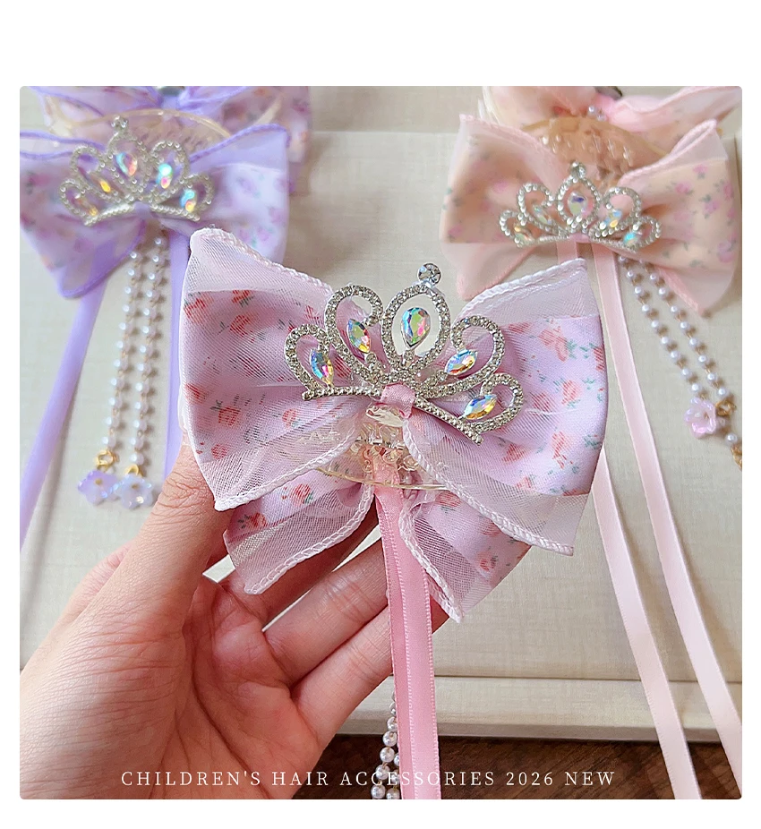Neue Kinder-Prinzessinnen-Haarspange Glänzender Schmetterling Krone Schleife mit Langem Band Quaste Tüll Haaraccessoires Geburtstagsgeschenk – Detail 1