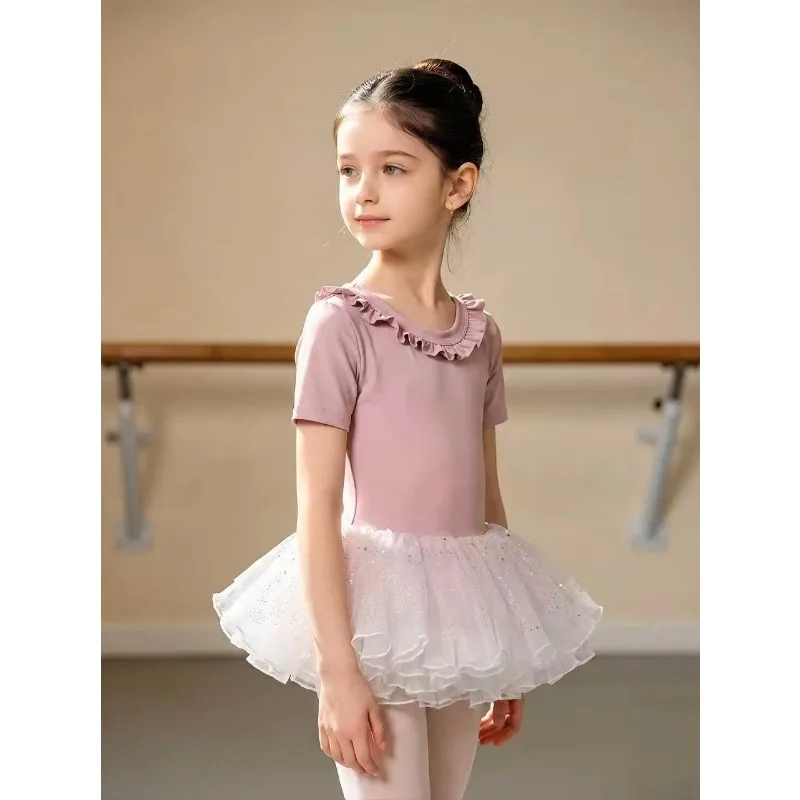 Theeper Pink Short Sleeve Ballet Leotard with TuTu Skirt Breathable Dancewear Gymnastics Practice Training Performance Costume