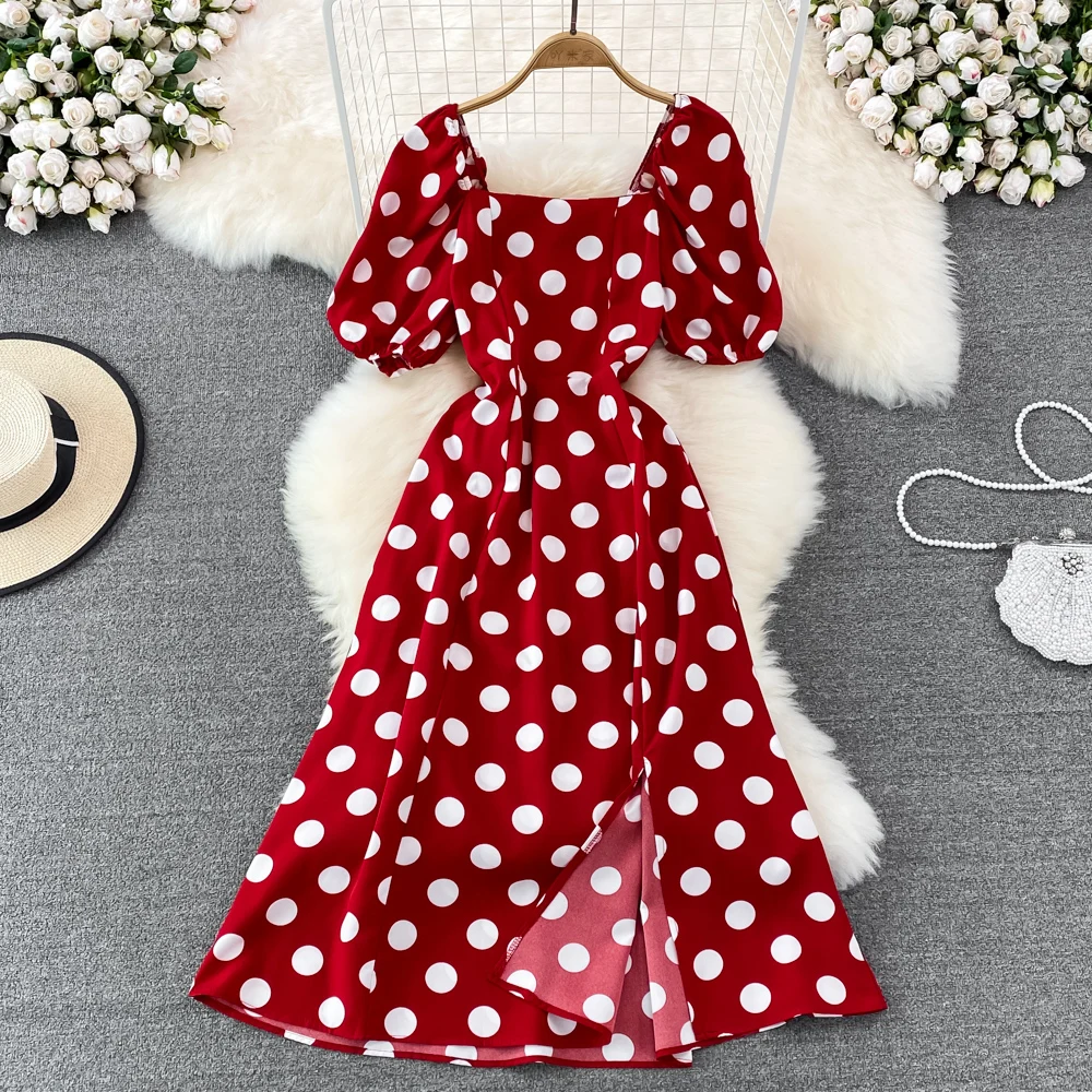 

2023 Summer New Korean Square Neck Bubble Short Sleeve High Waist Slim Mid Length Split Polka Dot A-line Dress